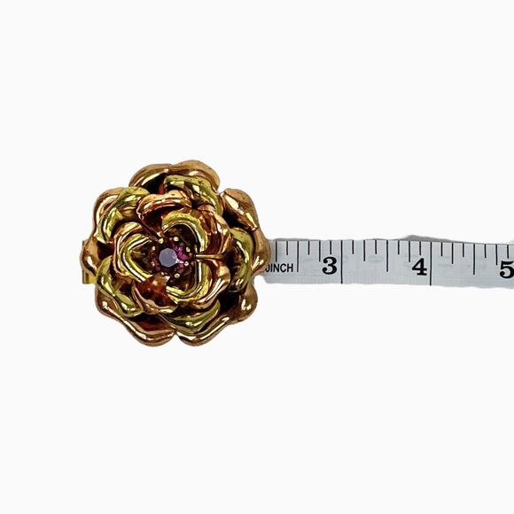 Flower Brooch Gold Tone And Copper Color Metal Purple Rhinestone Layered Petals - Picture 5 of 5